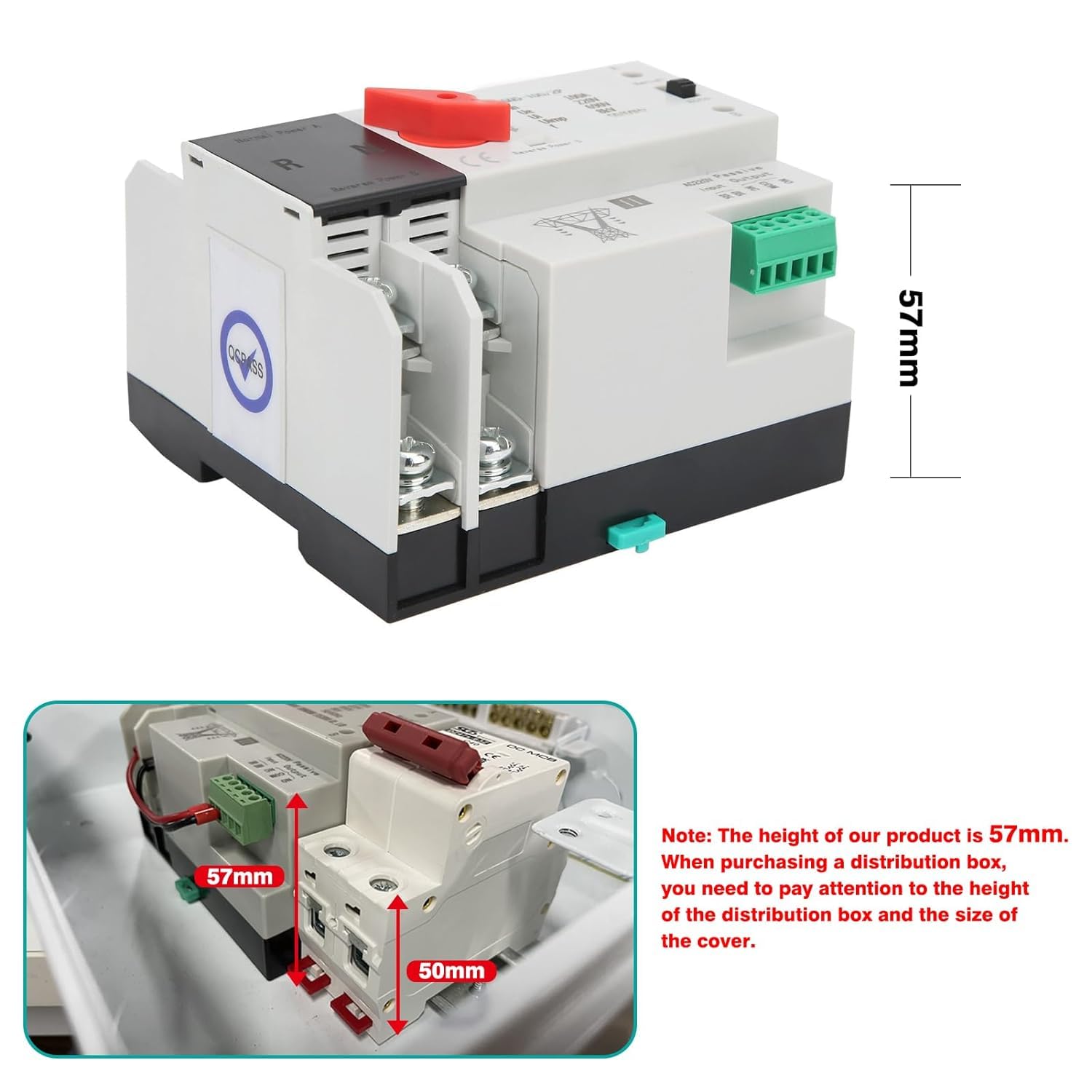 DEWIN Interruptor de Transferencia Automática,2P 220V 100A ATS Conmutador de Transferencia Automática de Doble Potencia Interruptores Selectores Eléctricos(ZGQ5-100)