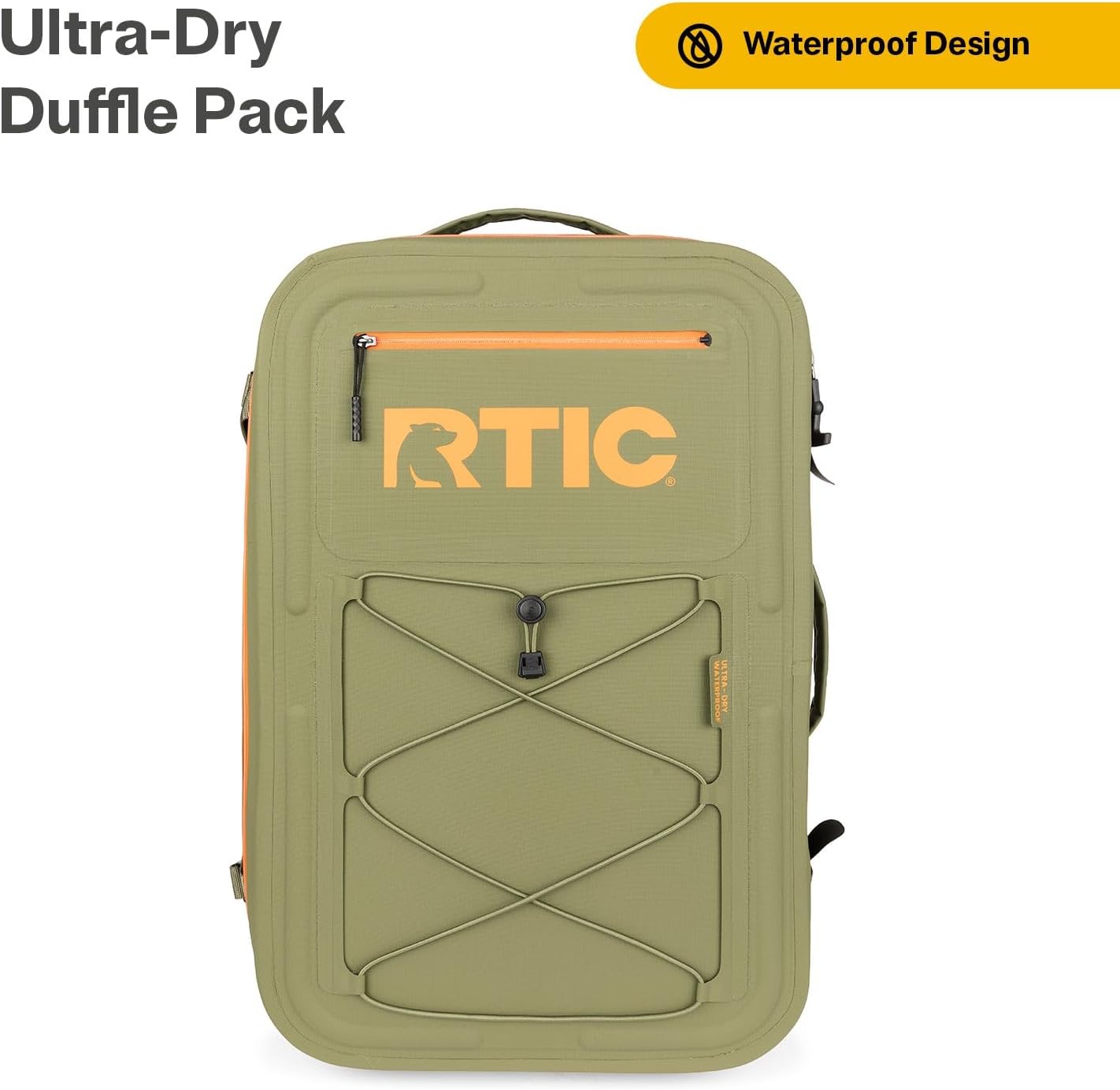 RTIC Ultra Dry Duffle Pack, Waterproof Outdoor Backpack Floating Bags for Hiking, Travel, Camping, Boating, Backpacking, 60L, Olive & Orange
