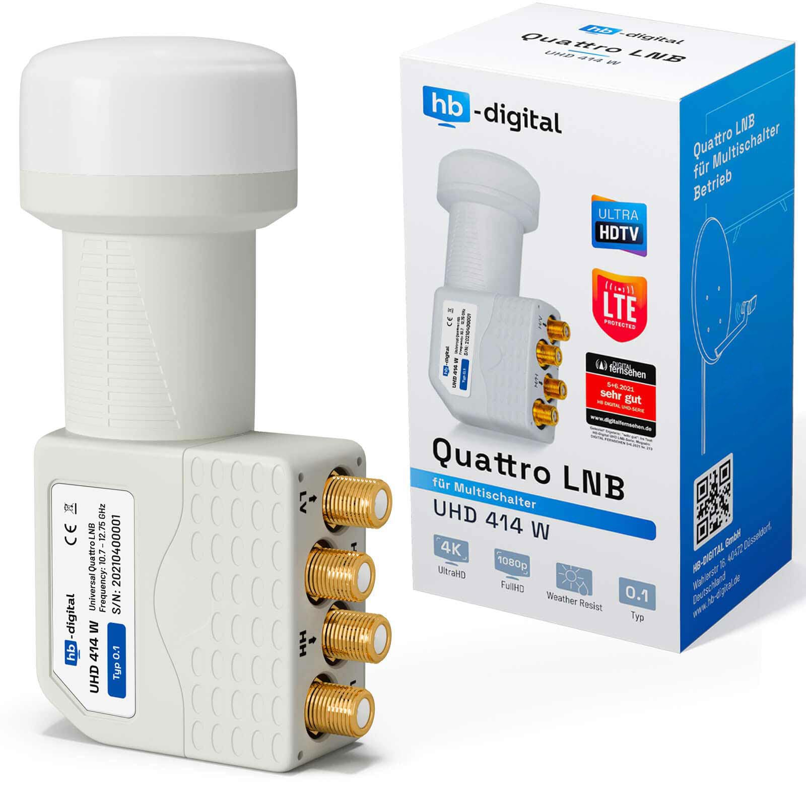 HB-DIGITAL Quattro LNB LNC do multiswitch ✨ Full HD TV 3D 4K biały biały biały styki pozłacane ■ ochrona przed warunkami atmosferycznymi (wyciągana)
