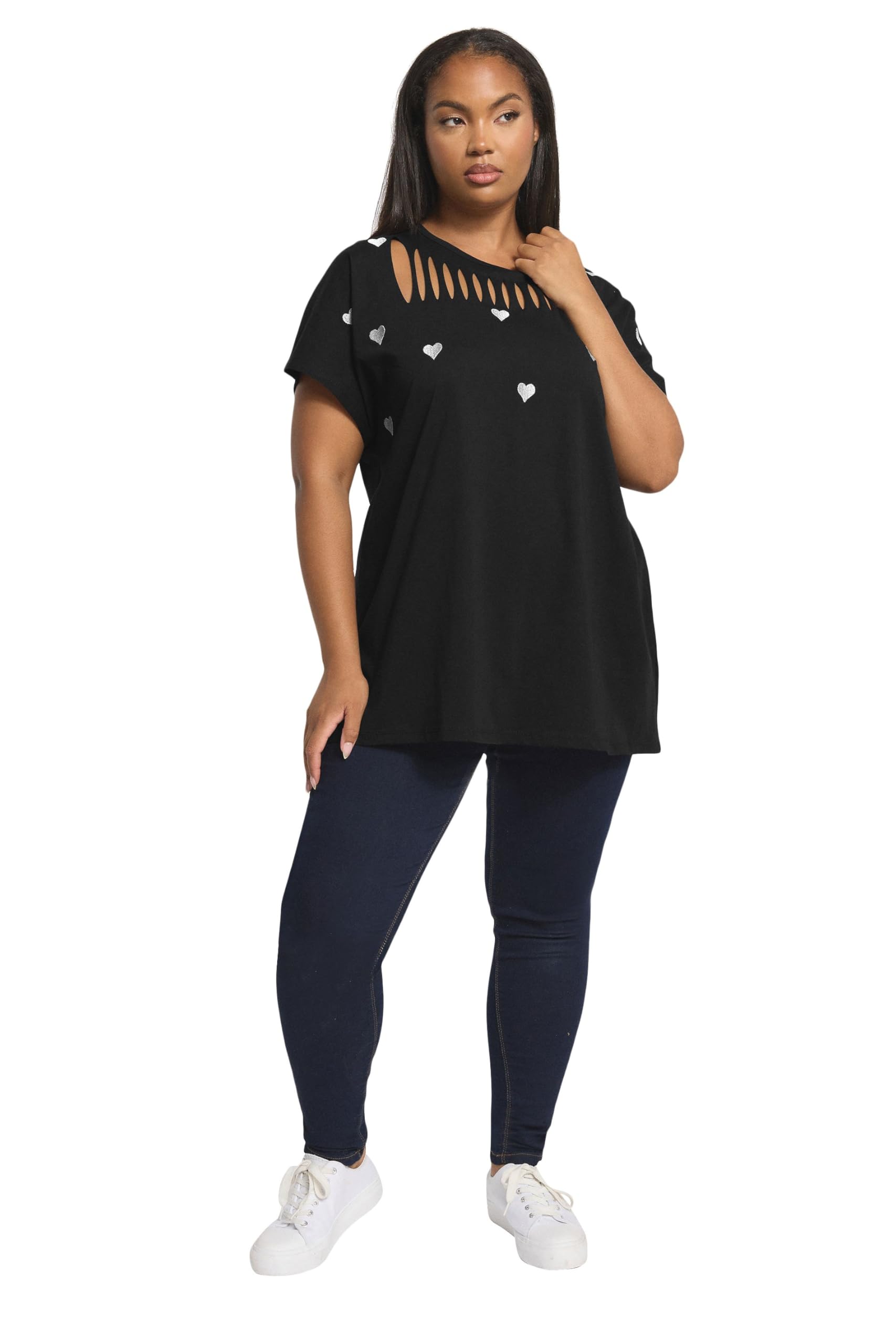 Yours Curve Black Embroidered Heart Slash Detail Top - Women's - Plus Size Curve