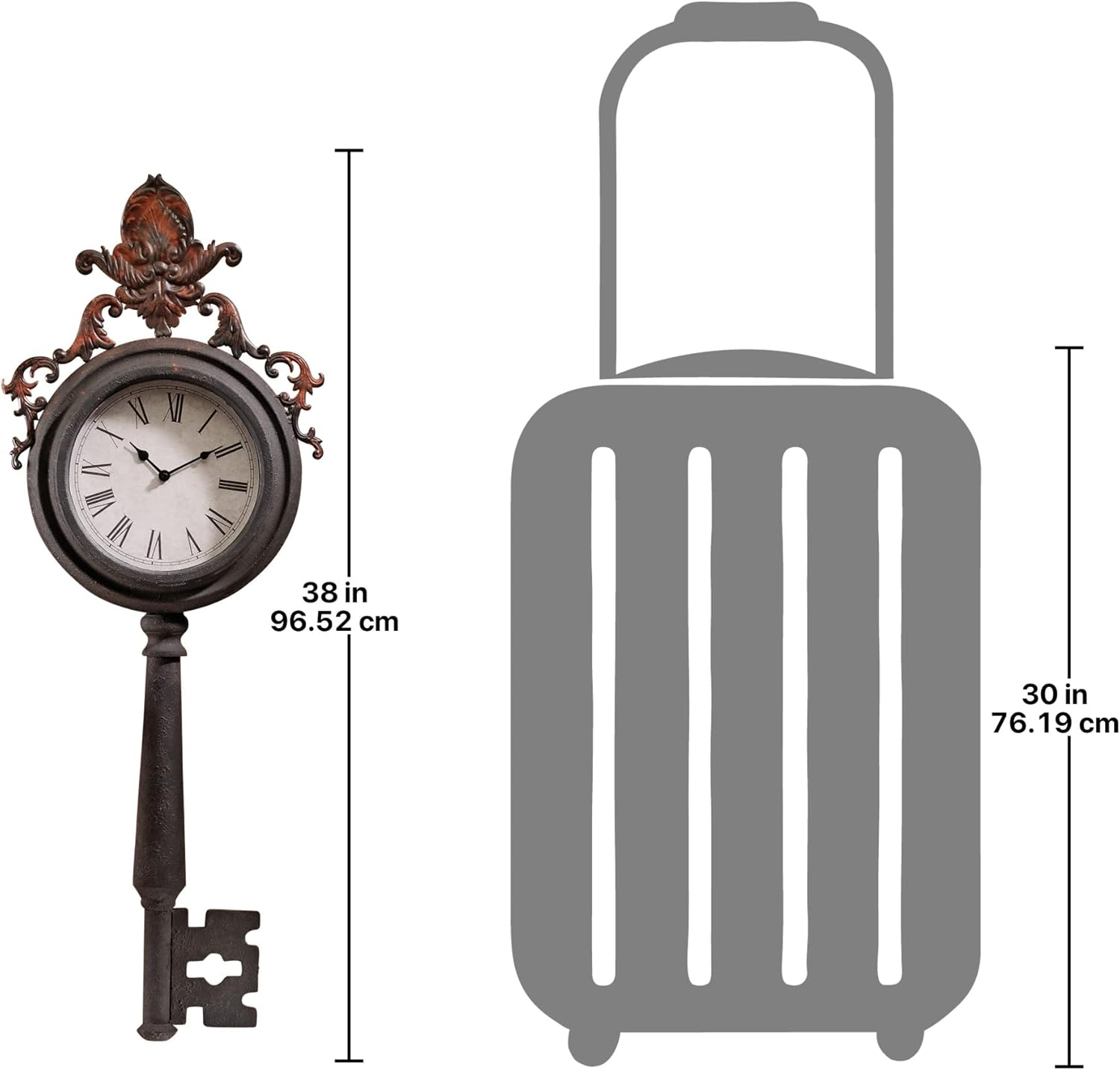 Dimensions of Design Toscano Unlocking Time Key Wall Clock compared to a suitcase