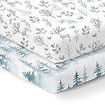 100% Organic Cotton Fitted Mattress Sheets for Graco Pack n Play, Babyletto, Pamo Babe, Dream on Me, Evenflo, Baby Trend Portable/Mini Crib/Playards, and Beka Bedside Bassinet 2 Pk, Deer and Forest