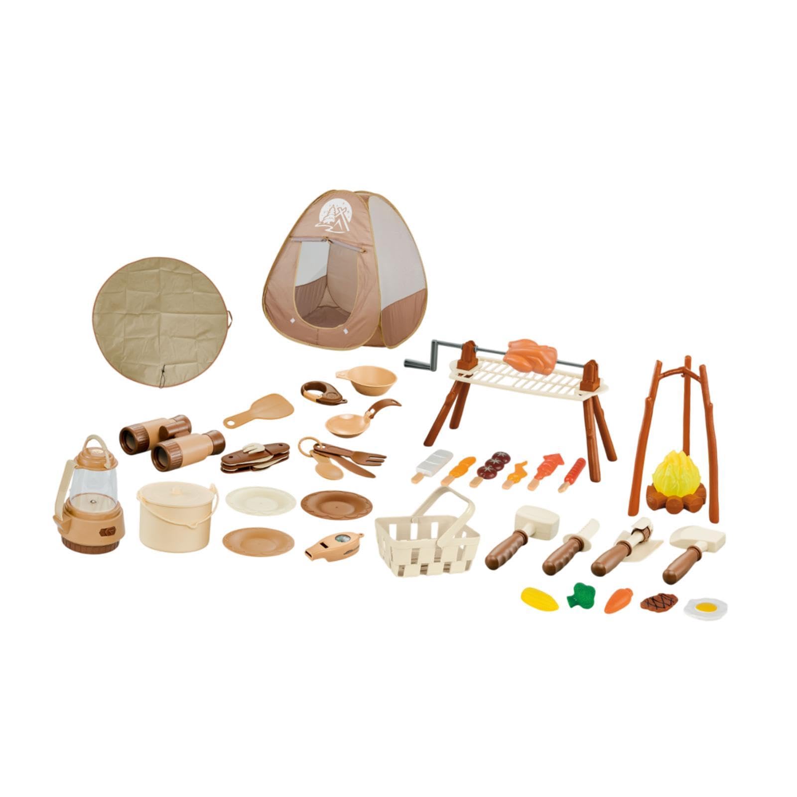 Almencla 35 Stück Kinder Camping Spielzeug Set mit Spielzelt Abenteuer Grill Lagerfeuer Kochutensilien Aus PP Material für Camping Indoor Outdoor Rollenspiel, 43 Stück