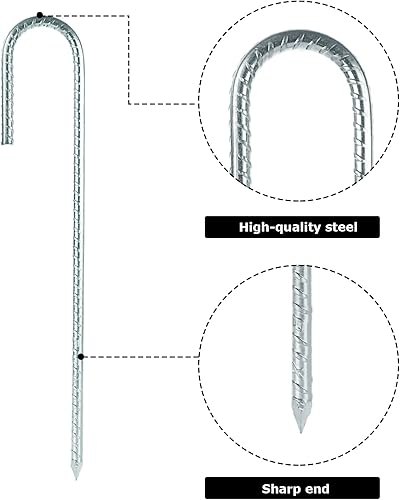 Miniatura 3 de Paquete de 16 estacas galvanizadas de 12 pulgadas para barras de refuerzo con gancho en J, anclajes de tierra resistentes con soporte de acero