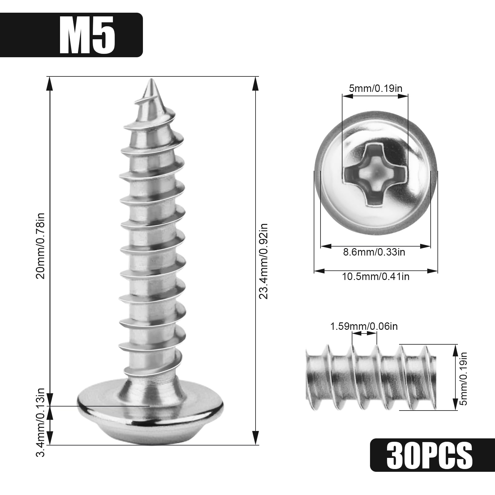 KGGZKG 30 Pcs Pan Head Screws M5x20x10.5mm Phillips Wafer Head 304 Stainless Steel Wood Screws Self Tapping Screws Multi Purpose Round Dome Head with Washer for Construction Hardware Silver - Image 2