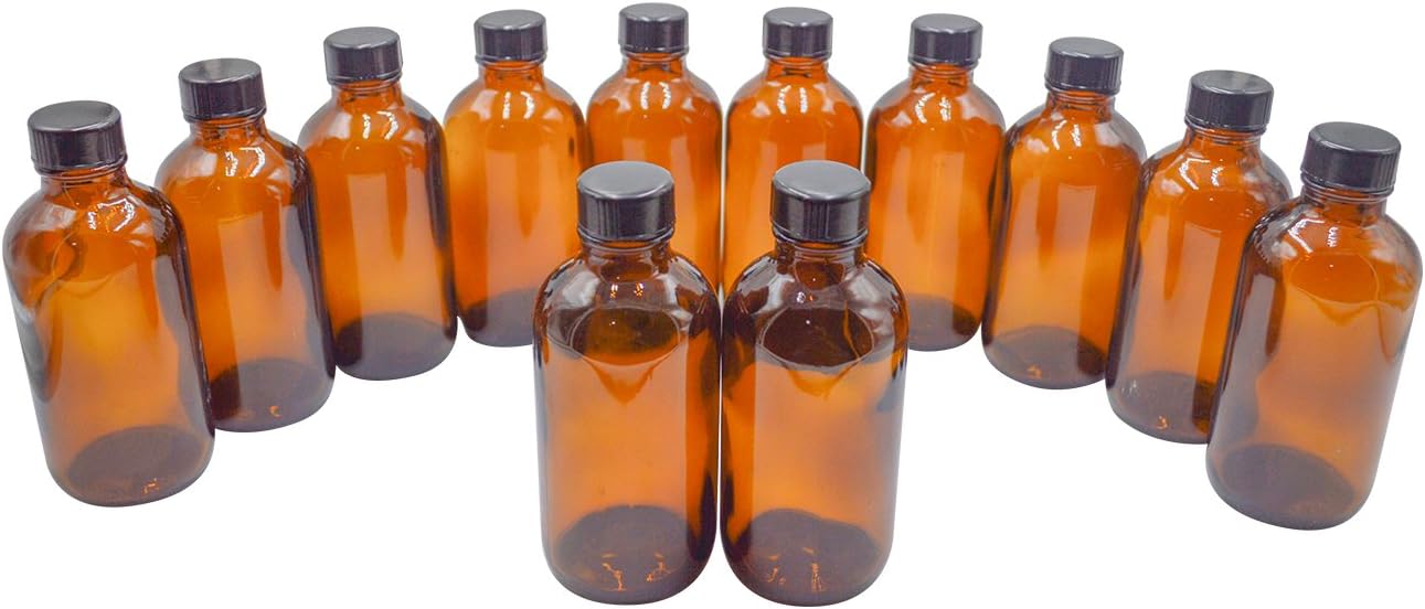 U-Pack 4 oz 120ml Amber Glass Boston Round Bottles with Black Ribbed Cap - 12 Pack