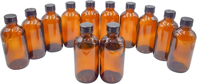 U-Pack 4 oz 120ml Amber Glass Boston Round Bottles with Black Ribbed Cap - 12 Pack