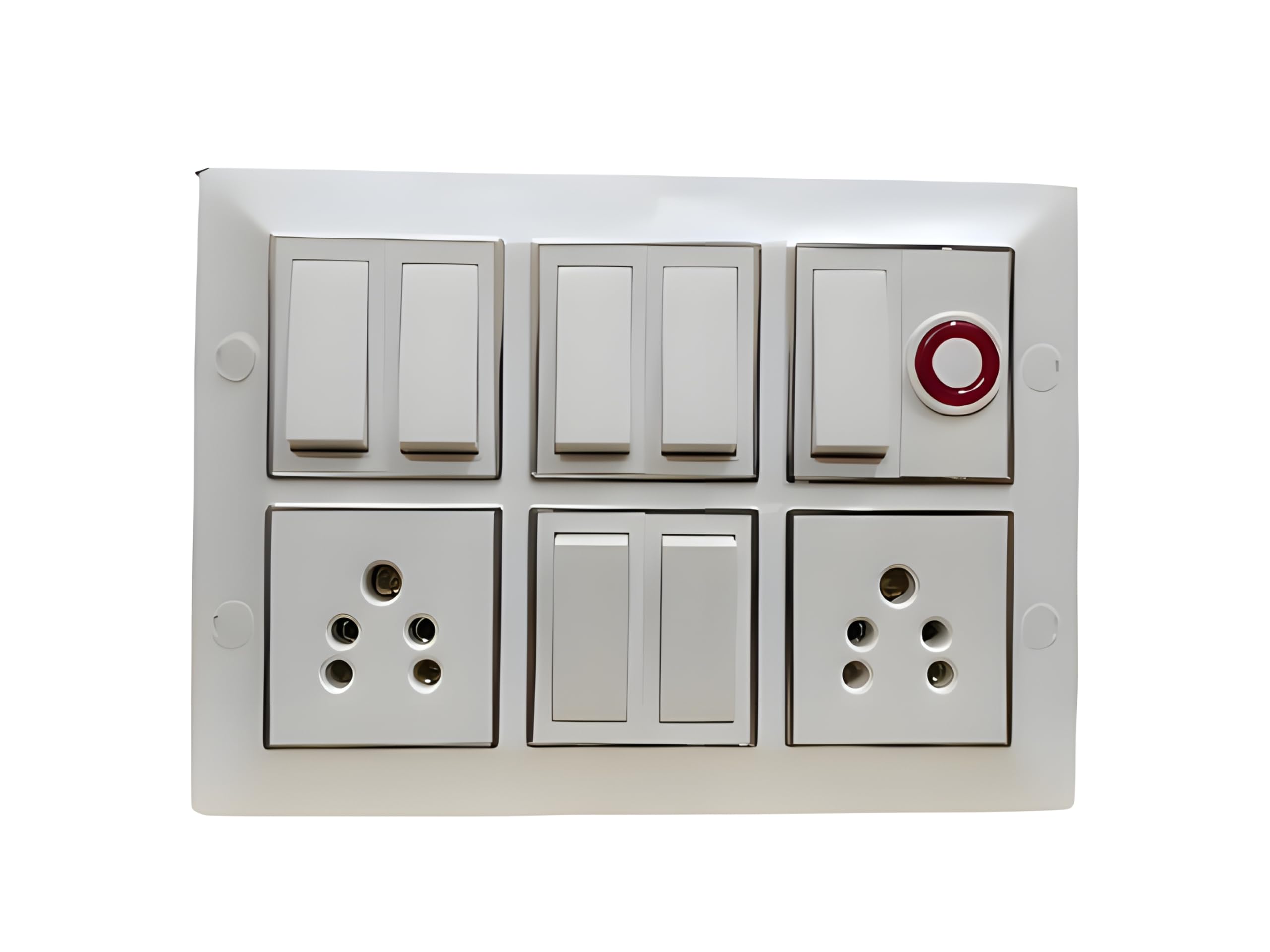 Modular Electrical Switchboard, 6 Switch with 2 Five Pin Socket and Indicator, Premium White Wall Switch Board, Pre-Wired Ready-to-Install, 100% Copper Internal Wiring, Strong Brass Terminals