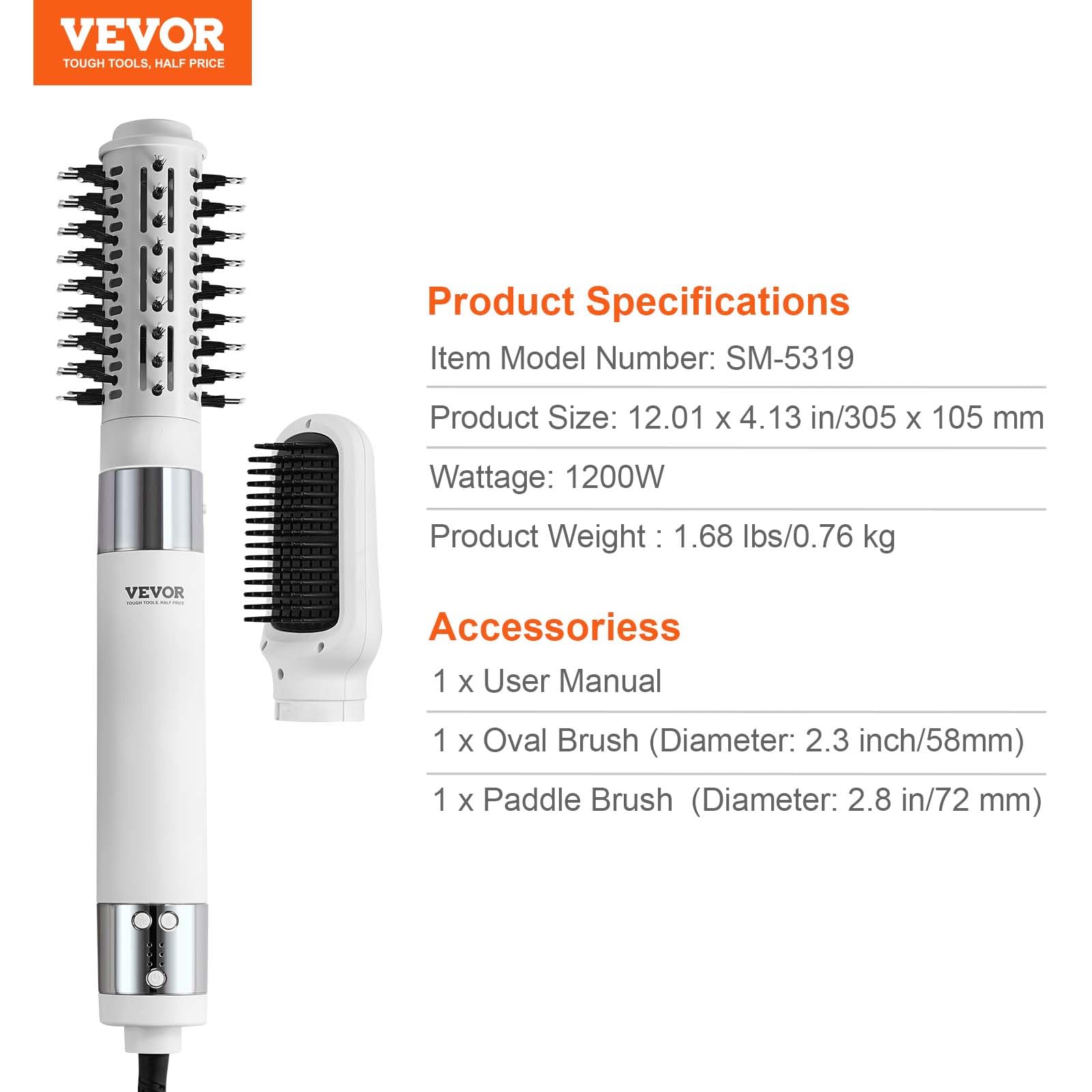 VEVOR Haartrockner, Ionen-Haartrocknerbürste, 110.000 U/min Airstyler mit Oval- & Paddelbürste, 4 Temperatur- & 3-Geschwindigkeits-Föhnbürsten-Styling-Tool für Trocknen, Volumengebendes Glätten