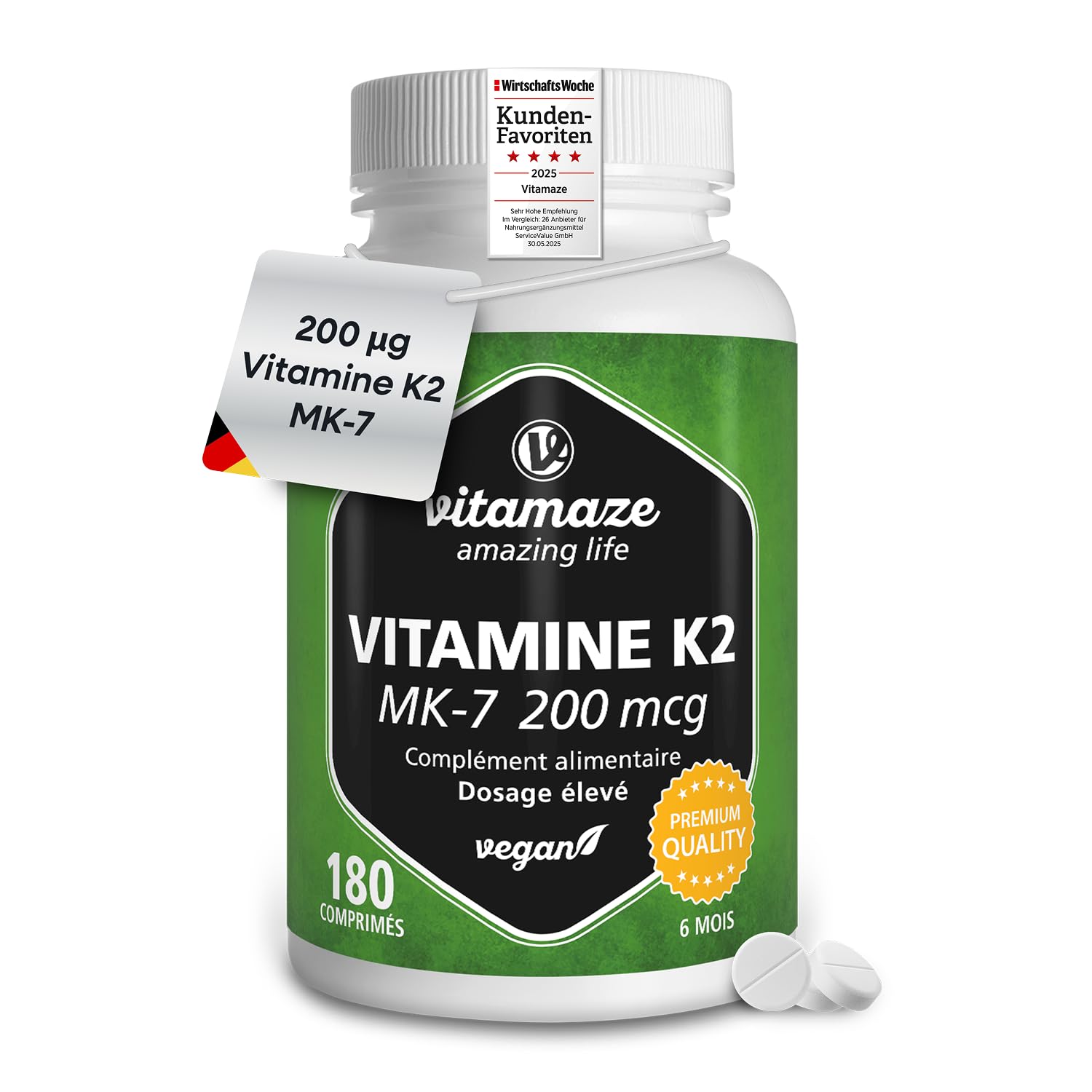 Vitamine K2 MK-7 à Fort Dosage, 200 mcg Ménaquinone pour 6 Mois - 180 Comprimés Vegan - Qualité Allemande, Complément Alimentaire sans Additifs Inutiles
