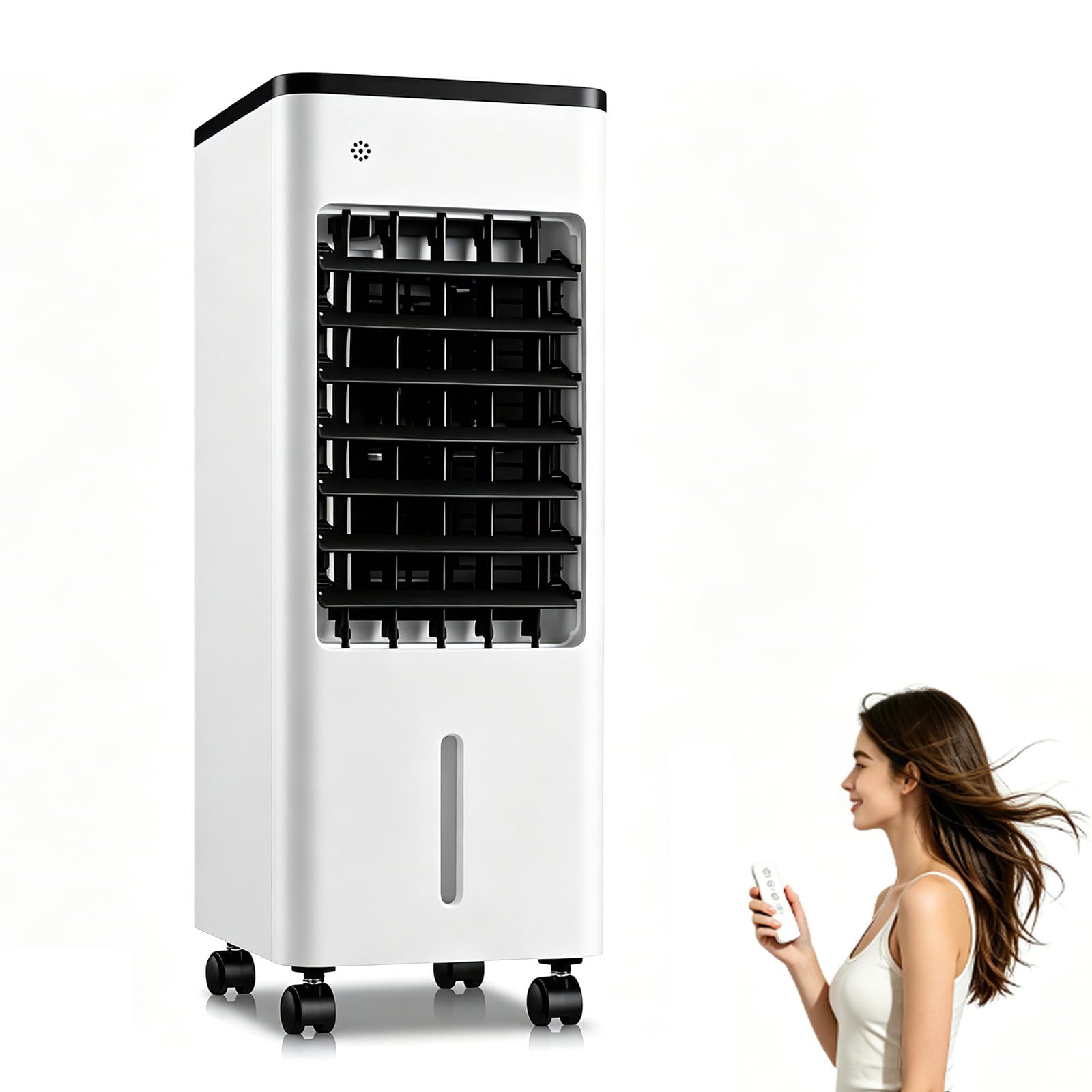 MESCXTY 60W Portable Evaporative Air Cooler, 6L Quiet Mobile Cooling Fan with 3 Wind Speeds, 0-7.5H Timer, 90° Swing Wind, 360° Universal Casters for Bedroom Office black