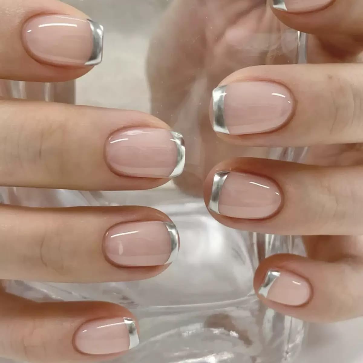 Nakhi Chrome French Tip Press On Nails Square Shape Reusable Fake Nails Glossy Nude Artificial Nails Set for Women (24 pcs)-image-40