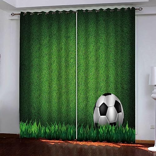 Cortinas Opacas para Habitación De Niños Fútbol Verde 140 X 160 Cm Cortina con Ojales Estampada Poliéster Cortina Térmicas Aislantes Opaco para Hogar Dormitorio Salón Decoración De Ventanas -7Q9A-U5H