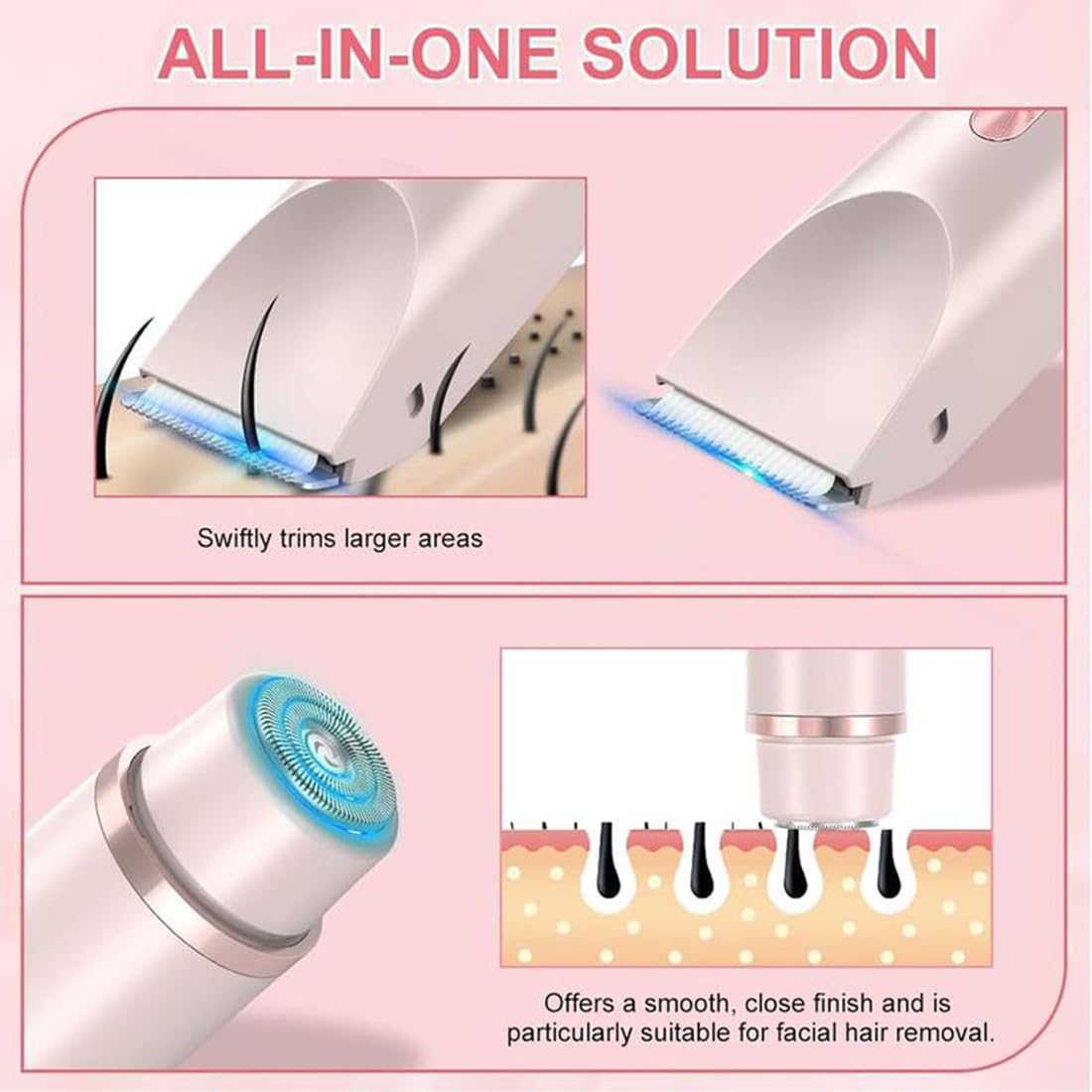 Glowshave - Rasoio Aura 2 in 1 per barba, gambe, braccia, ascelle, pubica, ricaricabile USB, impermeabile IPX7, facile pulizia (2 set)