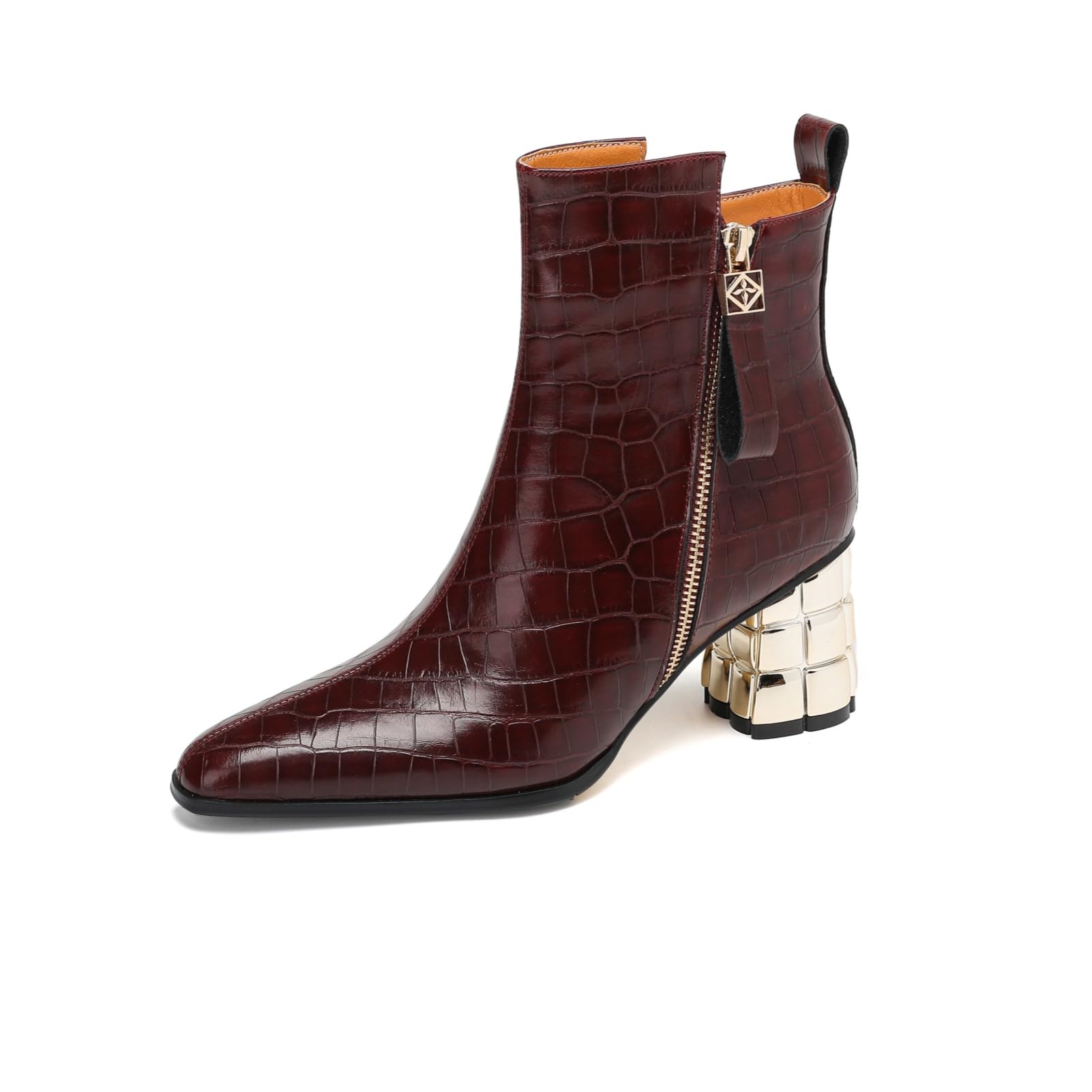 TinaCus Womens Pointed Toe Checkered Pattern Genuine Leather Handmade Zippers Mid Chunky Heels Ankle Boots