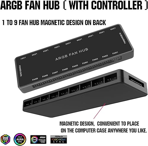 Miniatura 6 de ARGB PWM Fan Hub, direccionable 5V-3PIN ARGB 12V 4PIN PWM 2 en 1 RGB Hub de ventilador con controlador y entrada de alimentación SATA, 9 puertos de