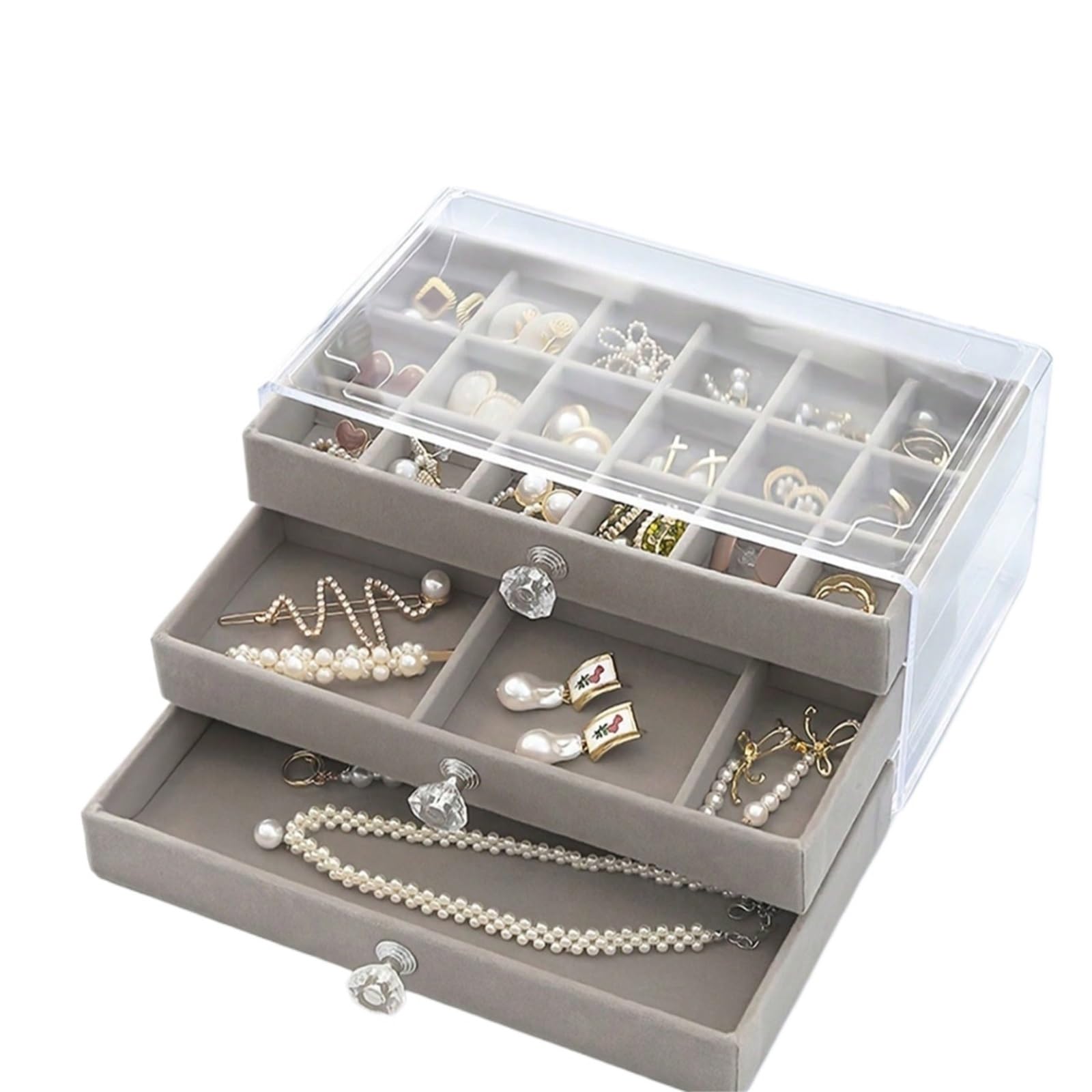Caja Para Joyas Cajón de plástico transparente y terciopelo 3 capas, caja almacenamiento joyas, mesa exhibición con mango en forma cristal elegante, 1 ud(Beige)