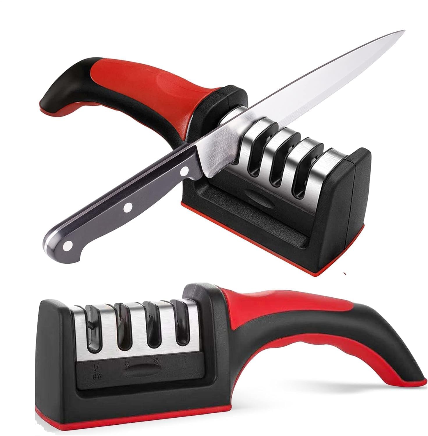 Knife Sharpener Manual 3 Stage Knives Sharpner Tool Advanced Knife Sharpener for Kitchen Knife Sharpner Knives Sharpening Tool for Steel Knives (Red-Black)