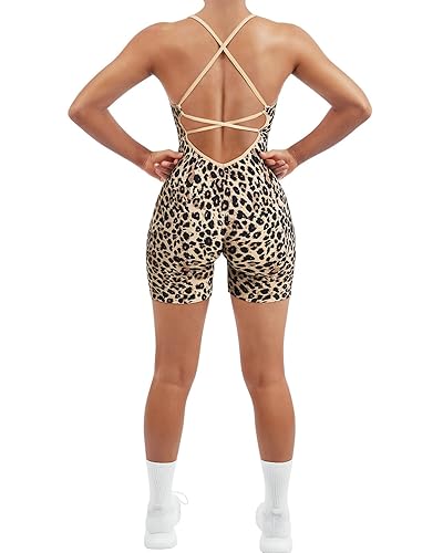 SUUKSESS Women Strappy Romper Seamless Jumpsuit Tummy Control Padded Sports Bra - Medium - 11 Cheetah Print