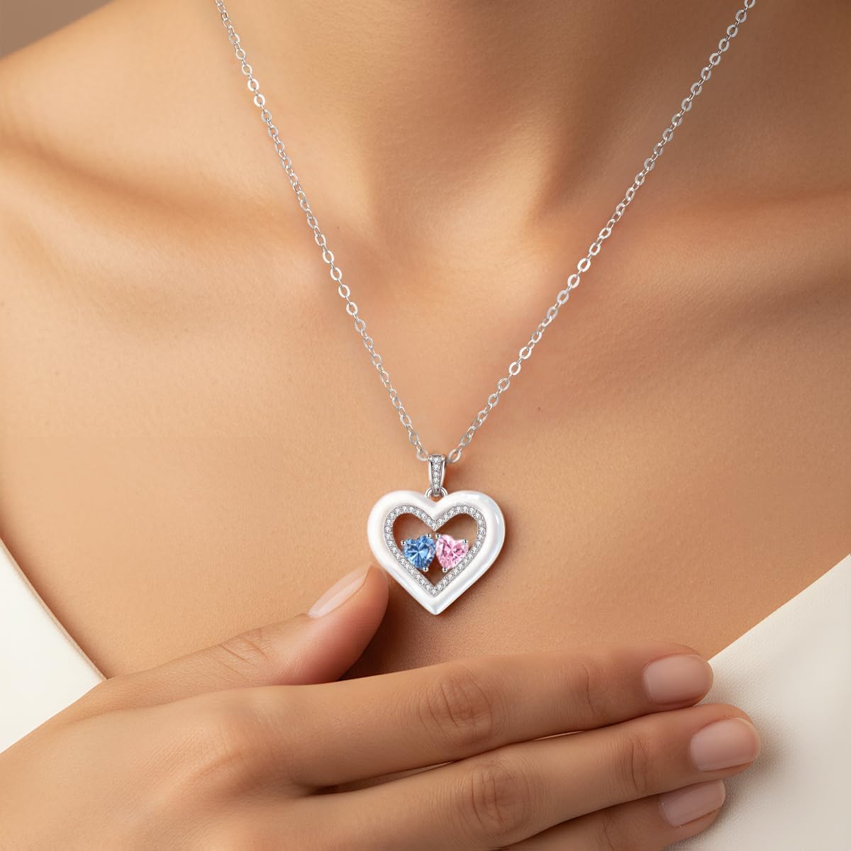 LOUISA SECRET Shell Double Heart Birthstone Necklaces for Women, 925 Sterling Silver Fine Jewelry, Pendant Heart Necklaces Birthday Anniversary Christmas Gift for Women Wife Mom Girlfriend Lady