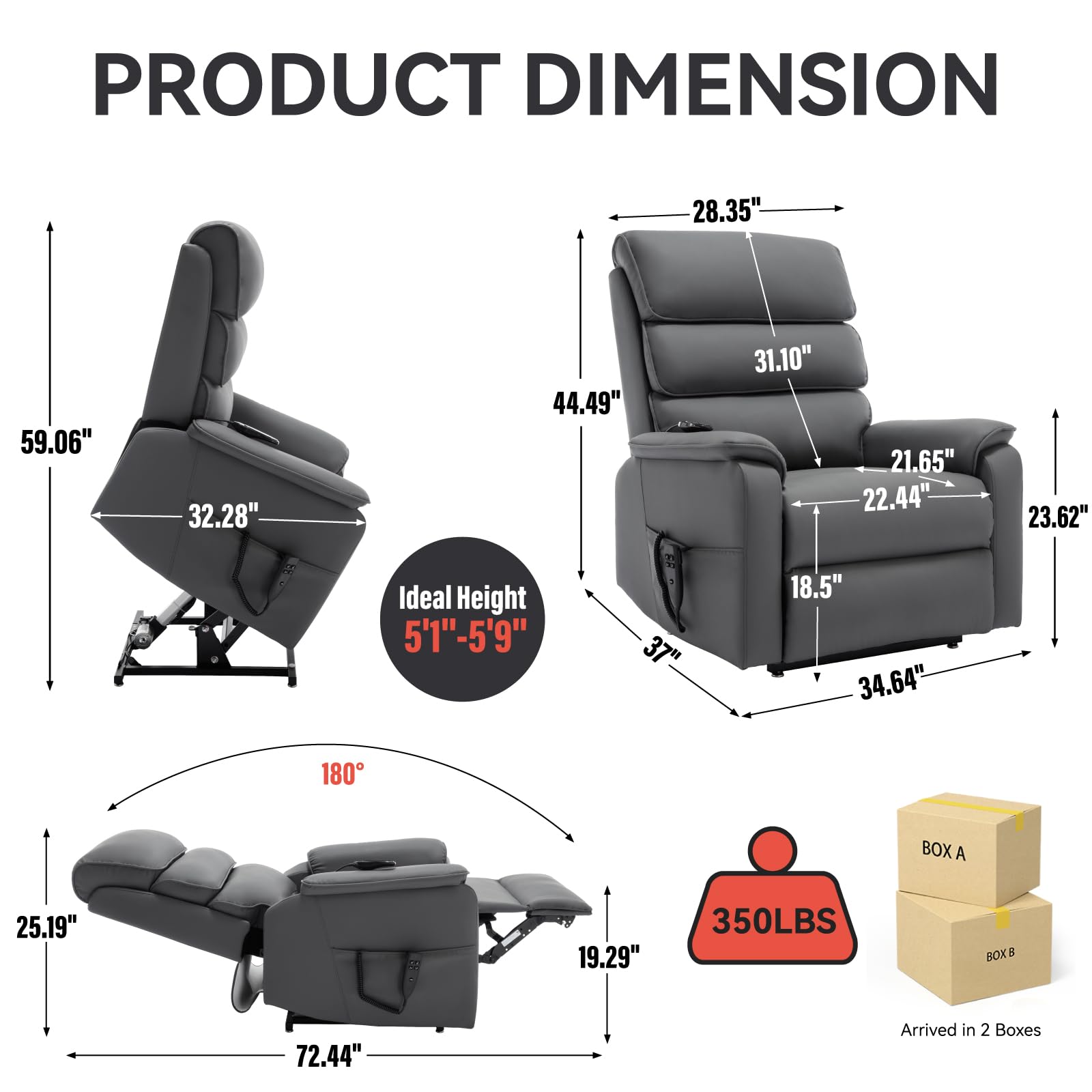 Kangmusi Grey Cat-Proof Leather Dual Motor Infinite Position Up to 350 LBS Power Lift Recliner Chair with Power-Remote, Heat Massage and Heavy Duty Motion Mechanism