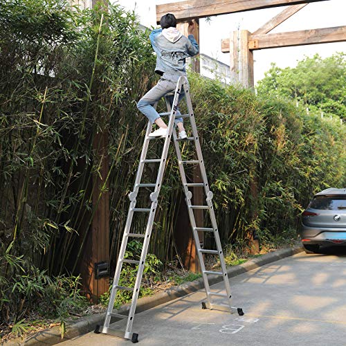 19.5ft Heavy Duty Gaint Multipurpose Aluminum Extension Folding Ladder Scaffold Ladders with 2 Platform Plates- 330Lbs