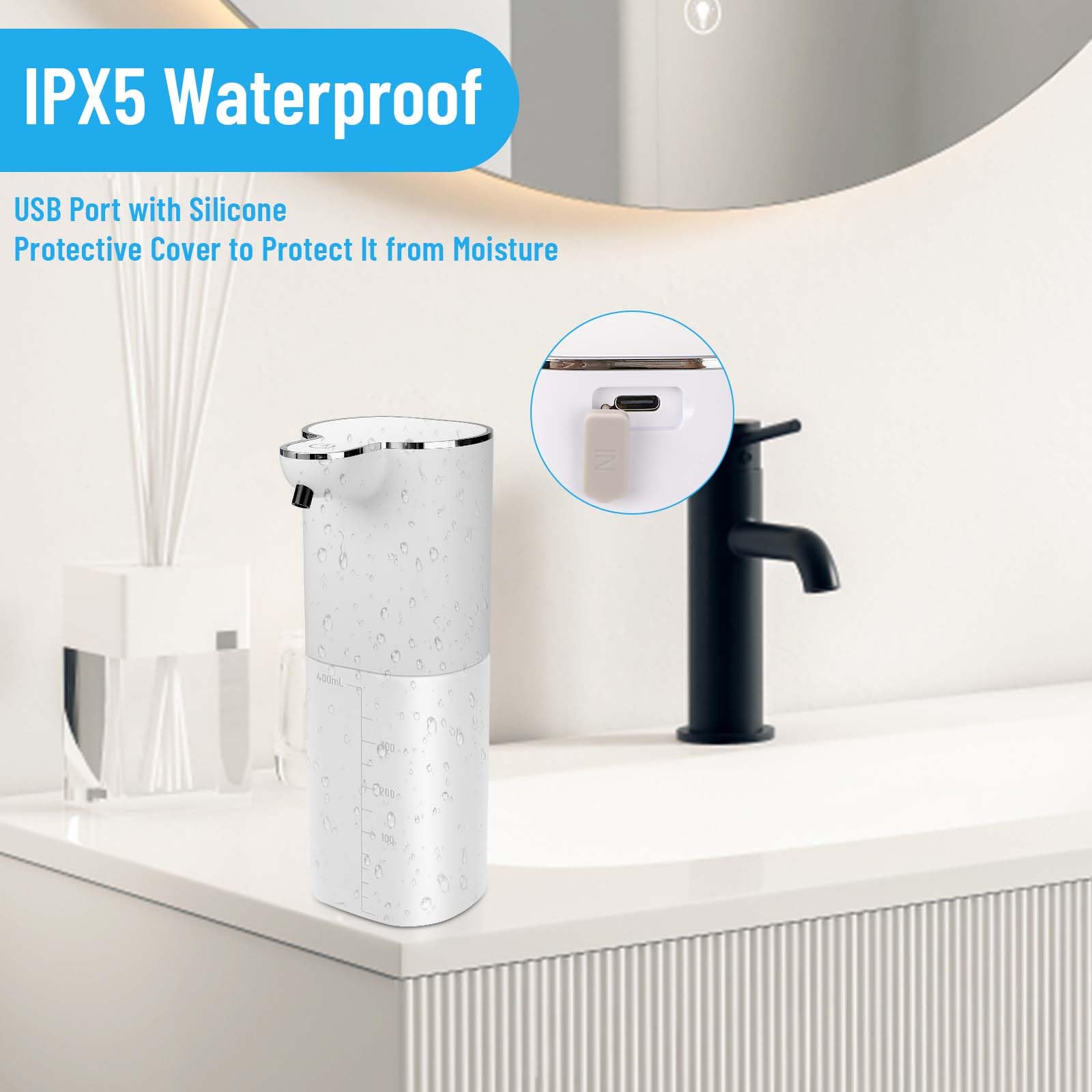 Dispenser di sapone automatico da 400 ml - Ricaricabile tramite USB, impermeabile IPX5 | Touchless, montaggio a parete per cucina e bagno | Leroy Merlin