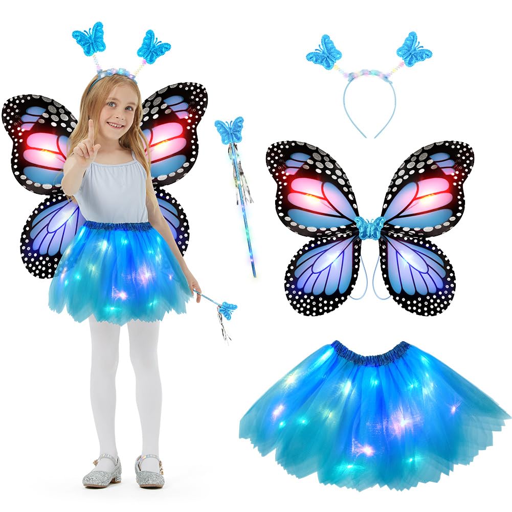 AYBUY Kids Light up Butterfly Wings Costume, Include LED Fairy Wings Tutu Magic Wand & Headband, Costume Butterfly Dress Up for Girls Fancy Dress Christmas Halloween Party Cosplay (Blue)