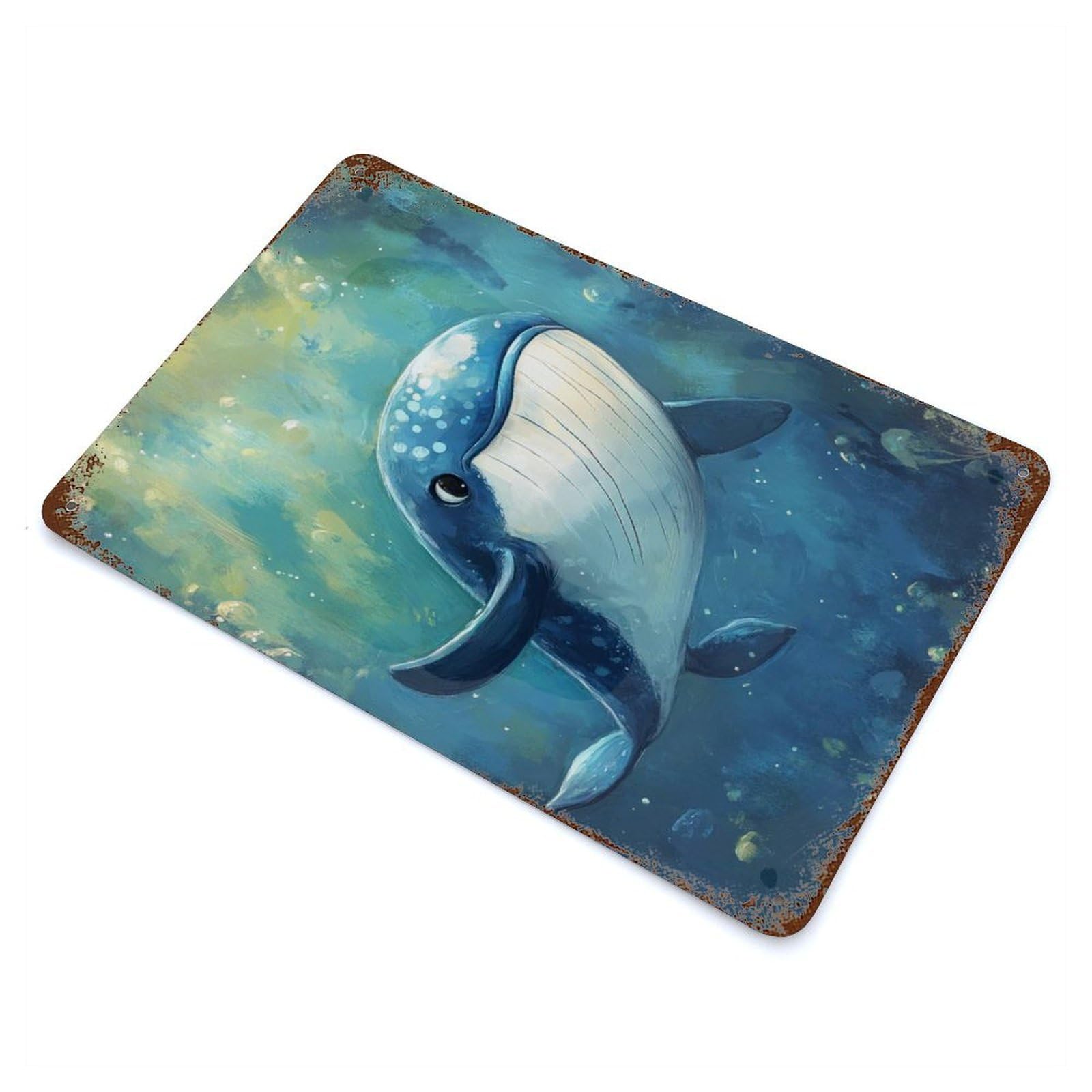 Rust Effect Cute Whale Painting Vintage Rust Metal Sign 11.8"x7.9", Classic Wall Plaque for Shed, Workshop And Garage Wall Decor