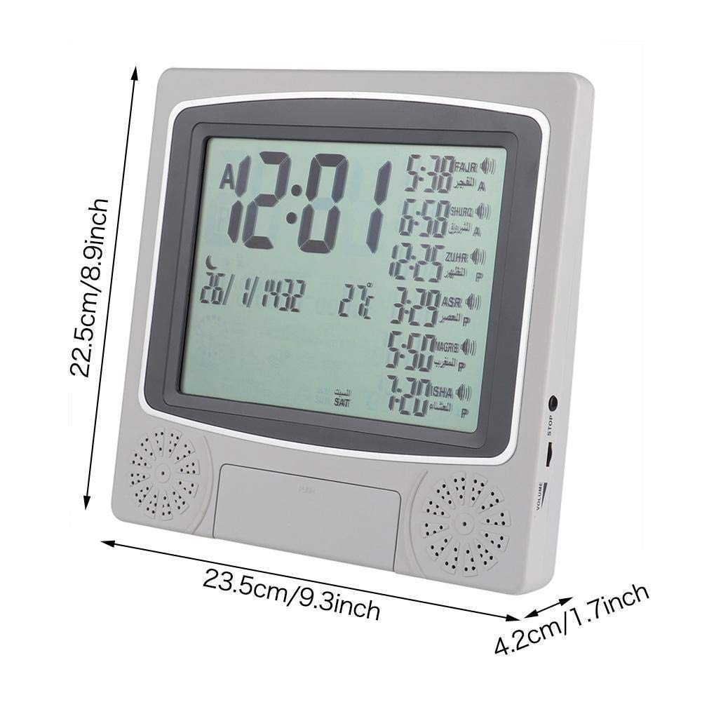 Reloj Azan, alarma de oración musulmana, hora / fecha / temperatura / calendario musulmán / calendario gregoriano Temporizador de oración Reloj de mesa digital, reloj de oración para el hogar, la ofic