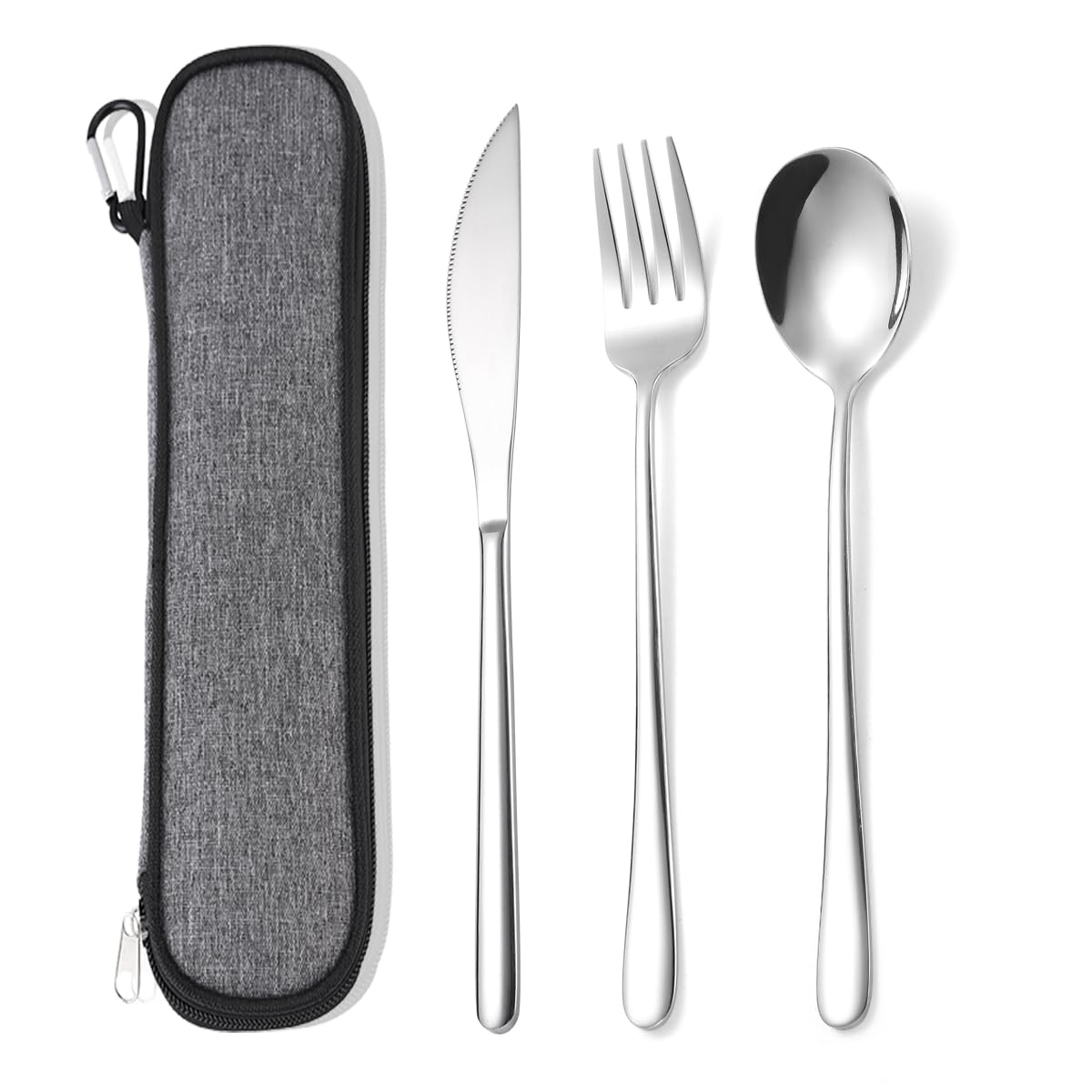 AARAINBOW Stainless Steel Cutlery Set for 1, 3 Pieces Knife Fork Spoon Set with Case. Reusable Flatware Set for Camping Travel Work and Outdoor Activities, Dishwasher Safe (Silvery)