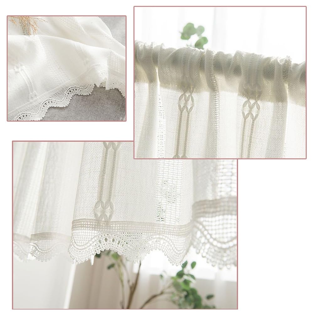 Tenda Da Cucina Corta Boho In Misto Cotone - 175x45 Cm, Stile Rustico Con Ricamo Effetto Uncinetto E Nappe, Semitrasparente Beige - 3