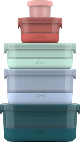 Ello Paquete de 5 recipientes de plástico para alimentos mixtos, sin BPA, con funda de silicona y tapas de plástico herméticas, aptos para