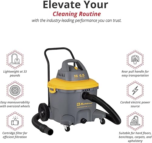 Miniatura 17 de Koblenz Aspiradora en seco y húmedo para contratistas, aspiradora para lugares de trabajo, 9.0 galones/5.5 HP potente aspiradora para suciedad seca