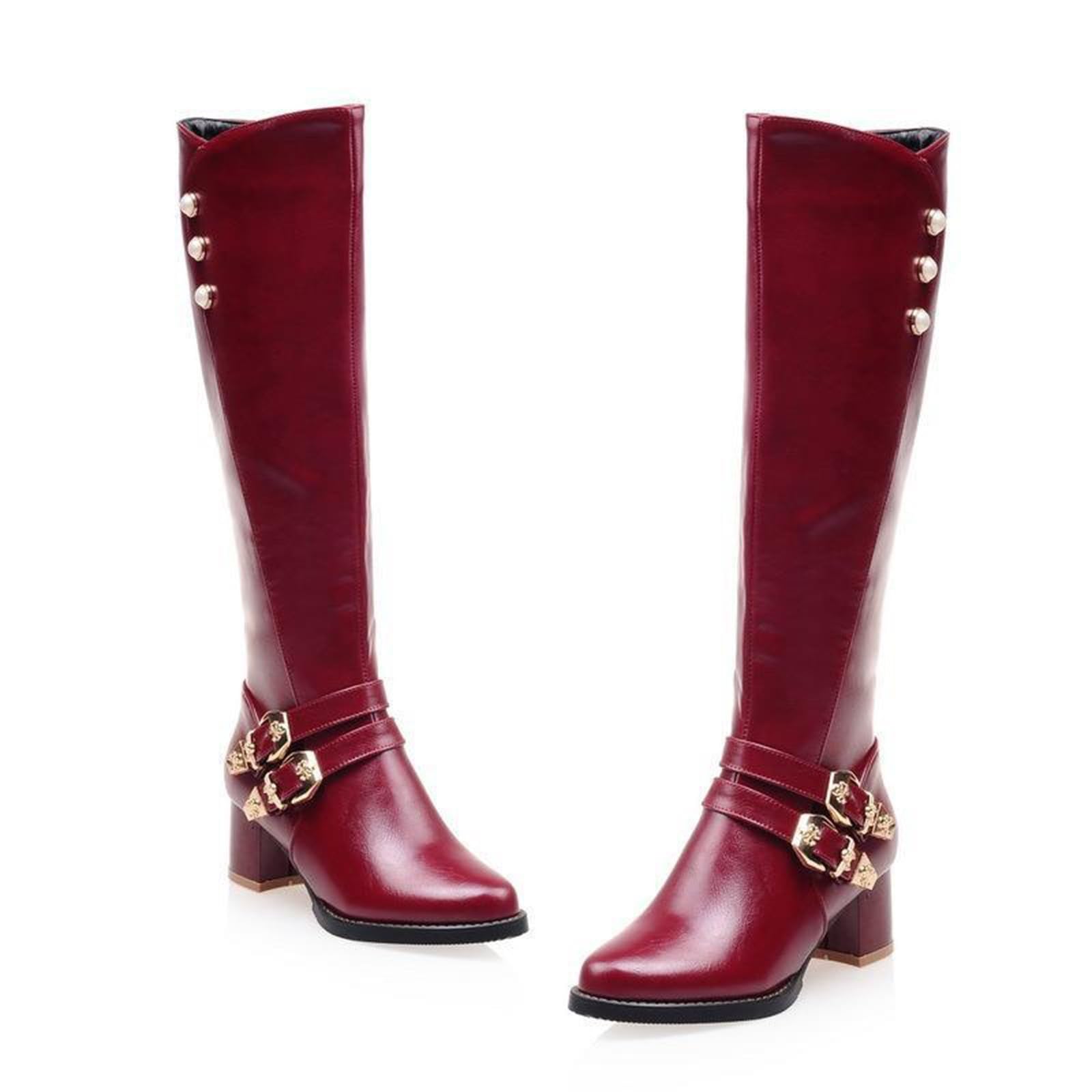 Damskie buty do jazdy konnej do kolan, czarna skóra, złote buty z paskiem z klamrą duży rozmiar wysokie buty damskie jesień i zima, Czerwony, 35.5 EU