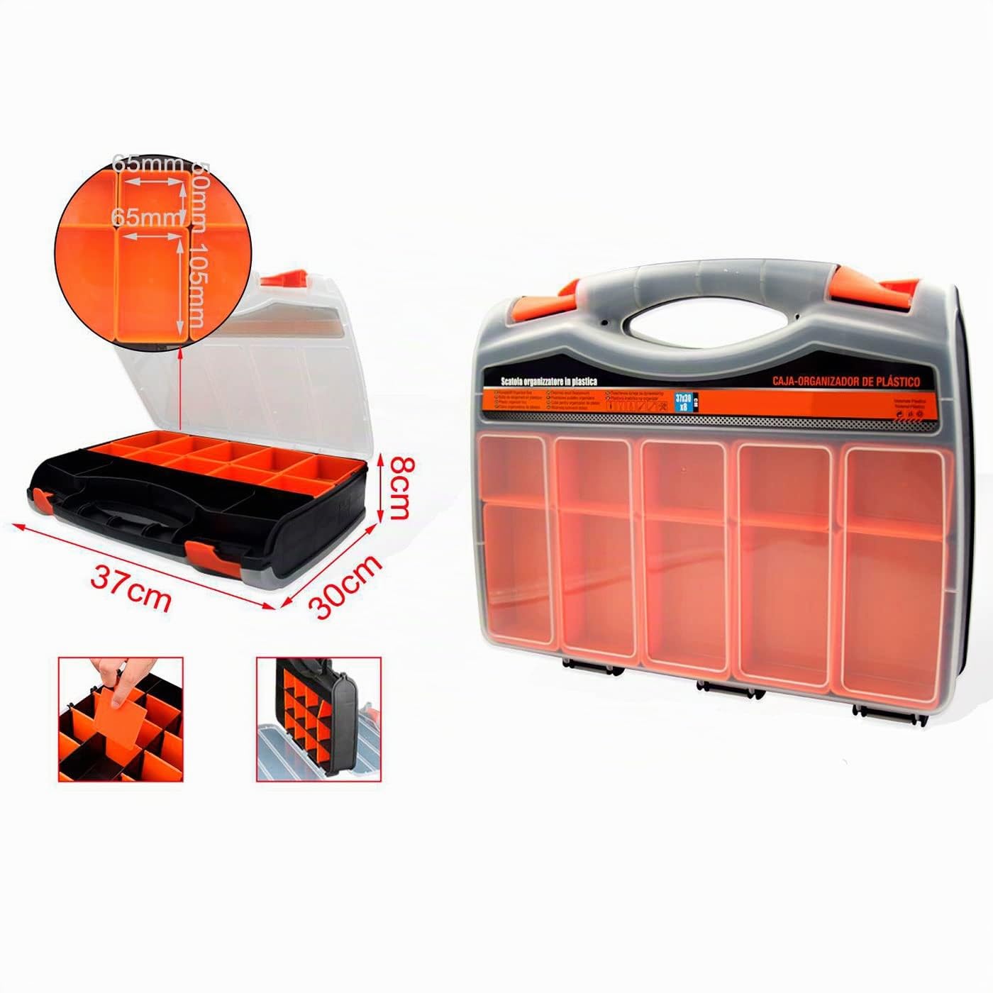 AC - Caja para organizar de plástico de 37 x 30 x 8 cm con 2 Compartimentos y asa. Organizador de Herramientas para hogar o Trabajo. Maletín para almacenar y Transportar Herramientas