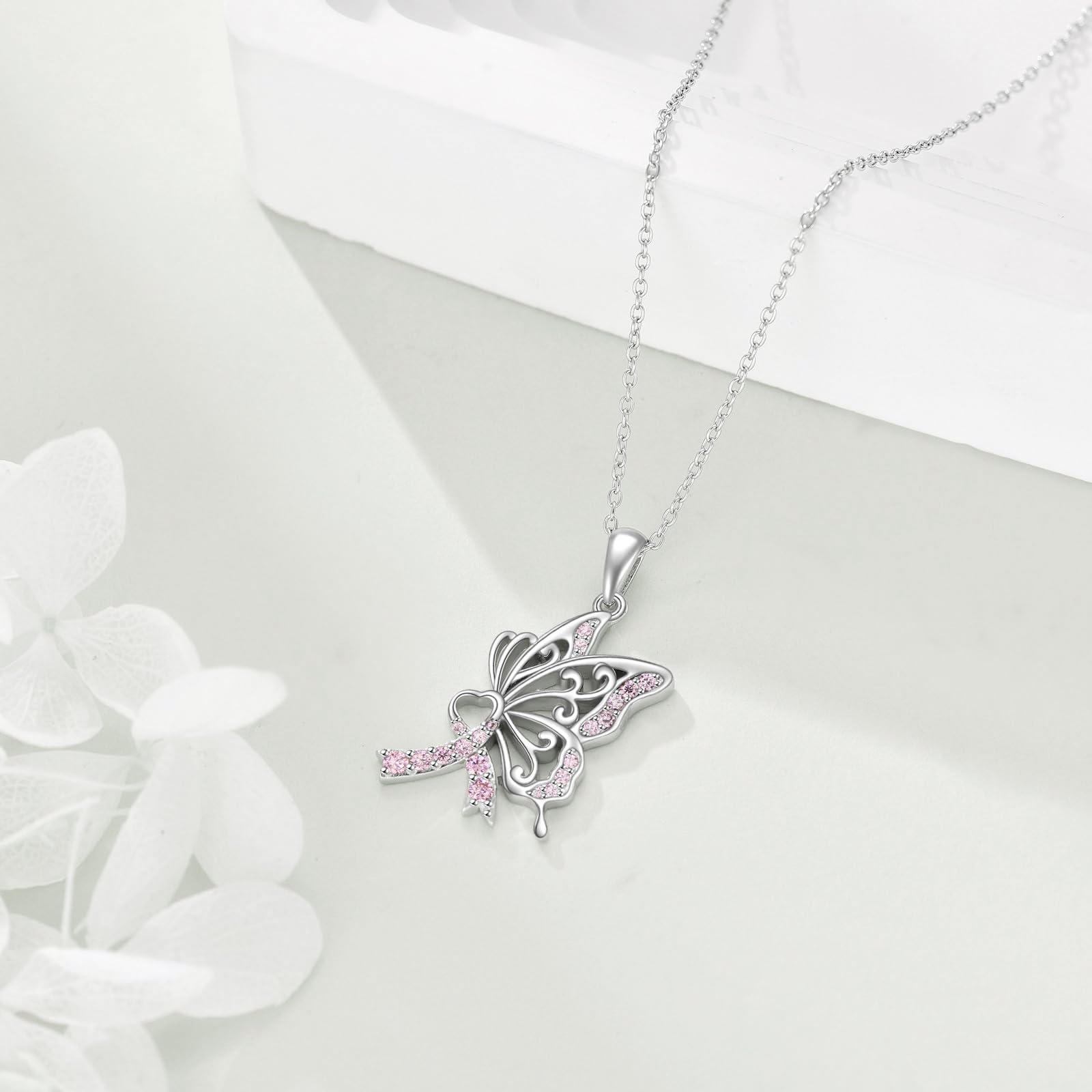 YAFEINI Brustkrebs Bewusstsein Kette 925 Sterling Silber Krebs Überlebenden Schmuck Geschenk für Damen Rosa Schmetterling Schleife Anhänger Halskette