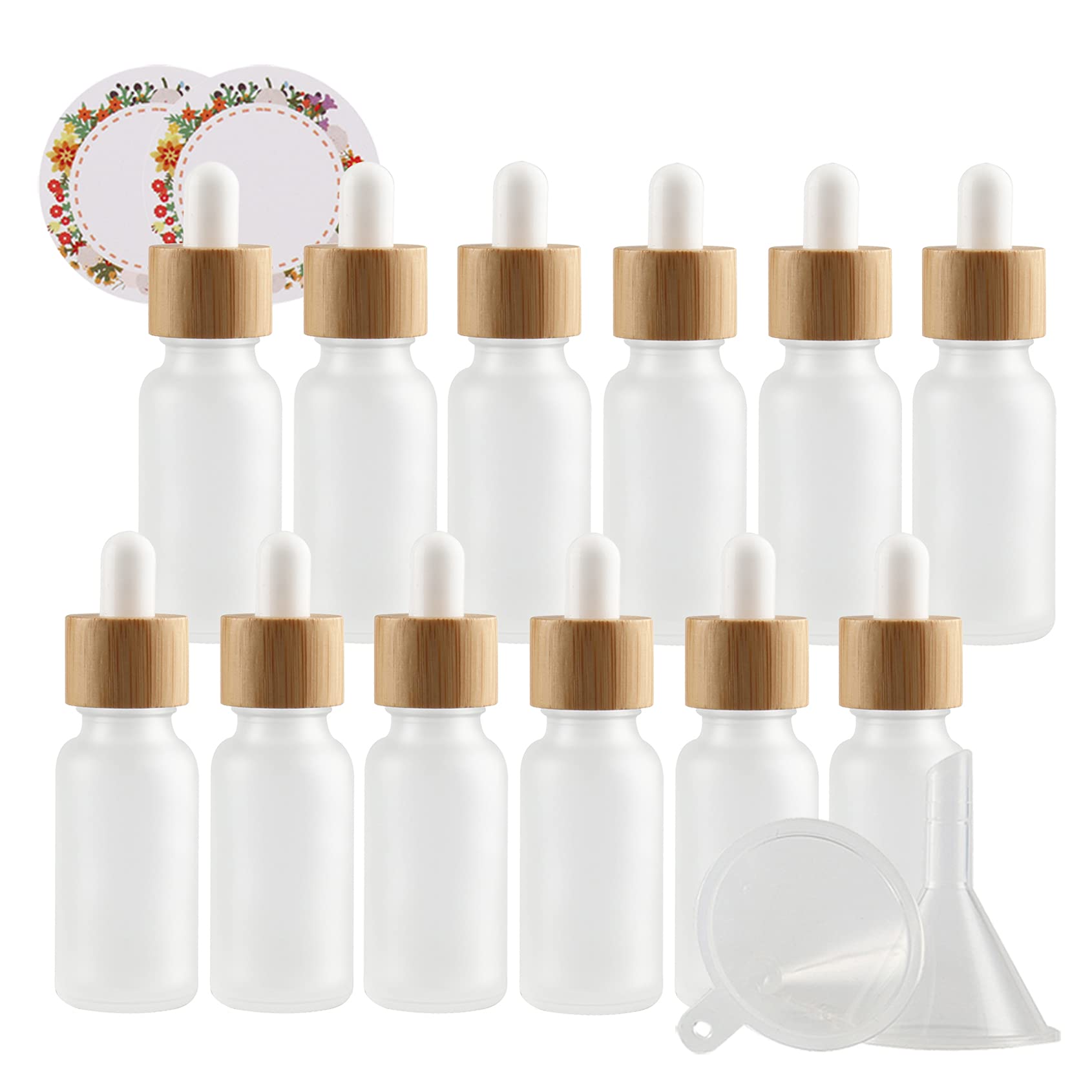 Sprühflasche aus Kunststoff, 12er-Pack, 20 ml, leer, mattiert, transparent, Glastropfer mit Glaspipetten, Bambus-Schraubverschluss für ätherische Öle, Aromatherapie-Misc