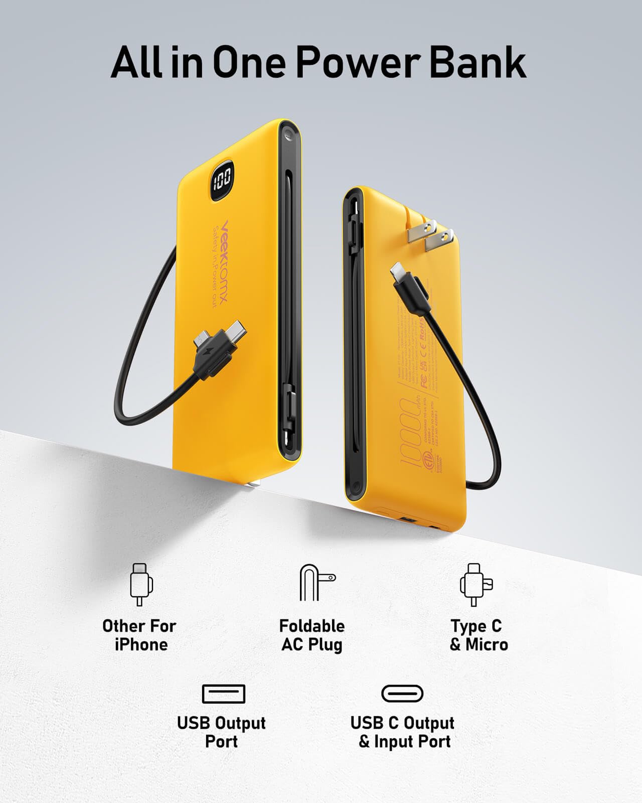 VEEKTOMX 10000mAh Portable Charger with Built-in Cables & Wall Plug view 2