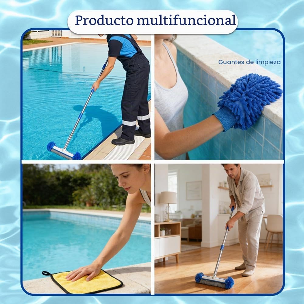 Cepillo Piscina con pertiga 194cm, Cepillo de Piscina 43cm, Cepillo para Limpiar Piscinas con Varilla de Acero Inoxidable, Kit Piscina Limpieza