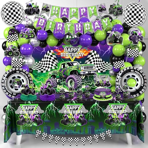 HUFAND Moster Truck Birthday Decorations Kit with Balloon Garland Arch Backdrop Tablecloth Banner & Party Supplies for Boys Theme Party