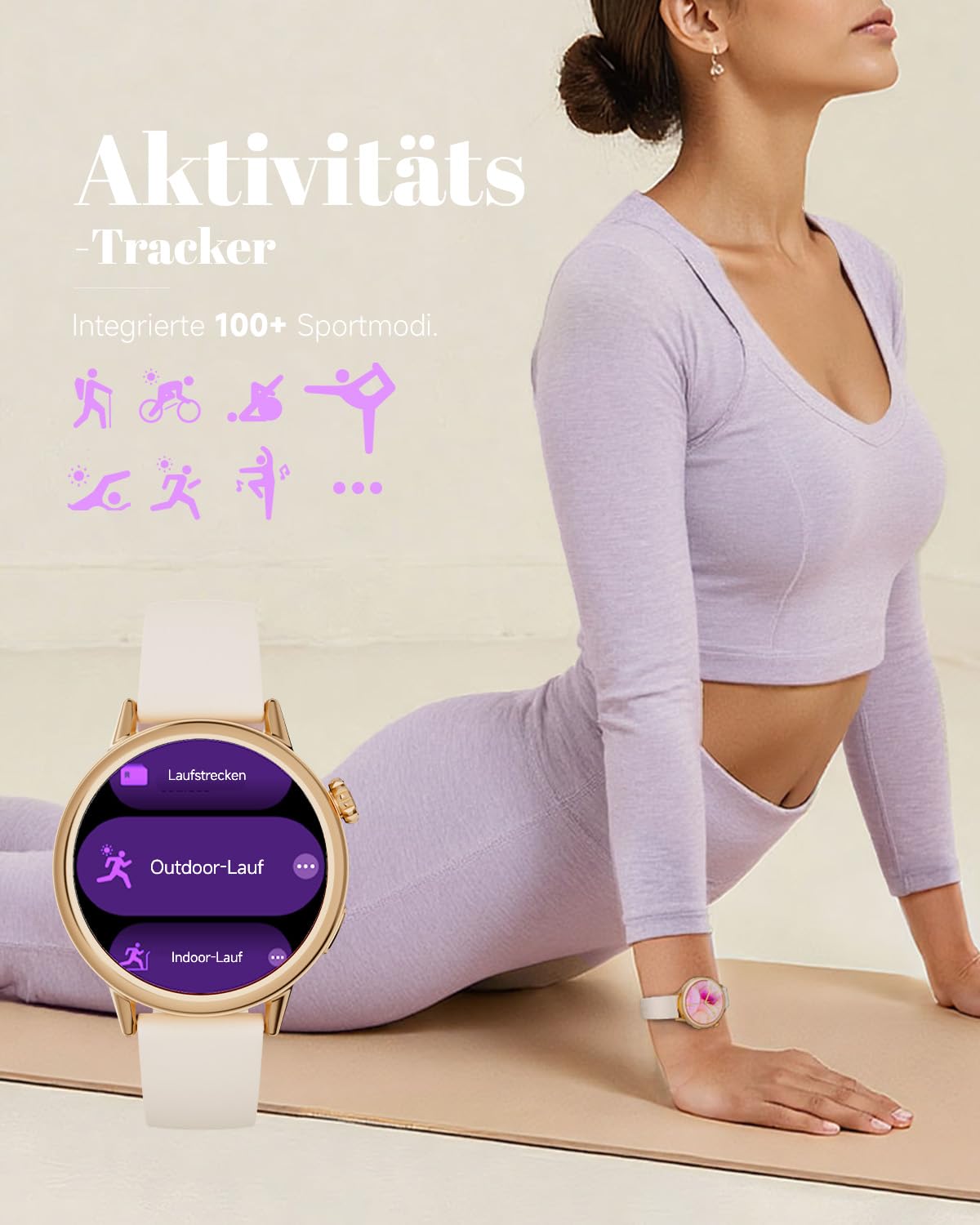 TOOBUR 37mm AMOLED Smartwatch Damen Klein, Schrittzähler Uhr Rund, Beige | Smart Watch Android und iOS Kompatibel, Fitness Uhr mit Herzfrequenz- und Kalorienmonitor, Sport Uhr