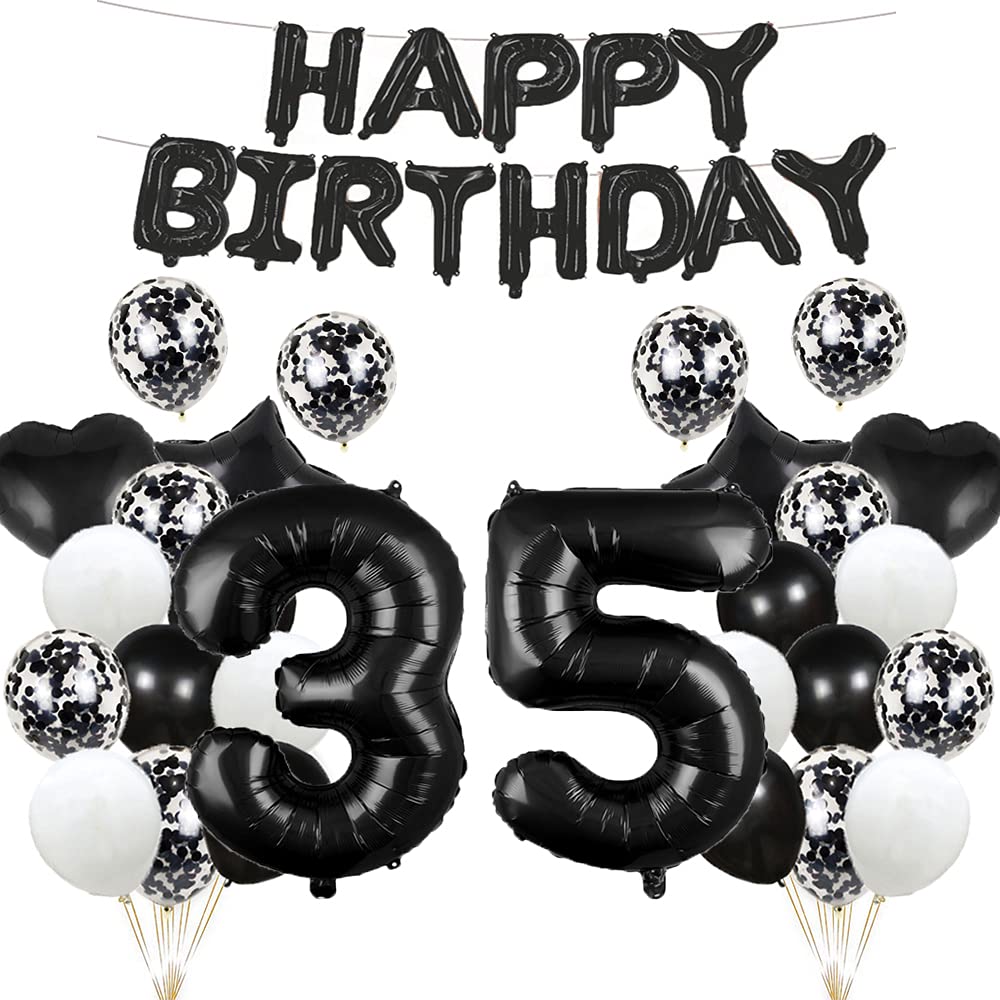 GLZLMM 35th Birthday Balloon 35th Birthday Decorations Black 35 Balloons Happy 35th Birthday Party Supplies Number 35 Foil Mylar Balloons Latex