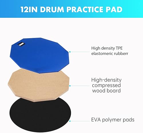 Miniatura 3 de Almohadilla de práctica de batería para tambor y palos de 12 pulgadas, lado con 2 pares4 baquetas de arce 5A y bolsa de almacenamiento (azul)