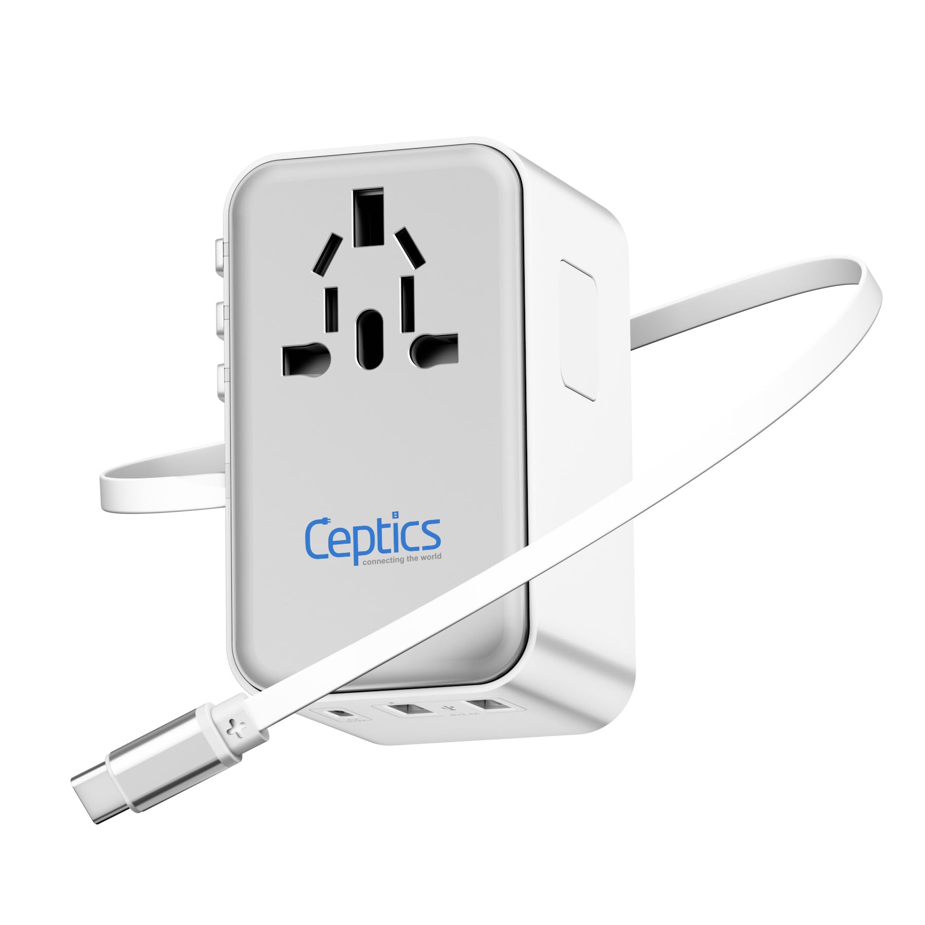 Ceptics Adaptador de Viaje Internacional 5 en 1 con Cable USB-C retráctil PD 45W 65cm, 2X USB-A 2.4A, 1x USB-C 3A, Adaptador de Viaje en Todo el Mundo para portátiles, teléfonos y cámaras para EE.