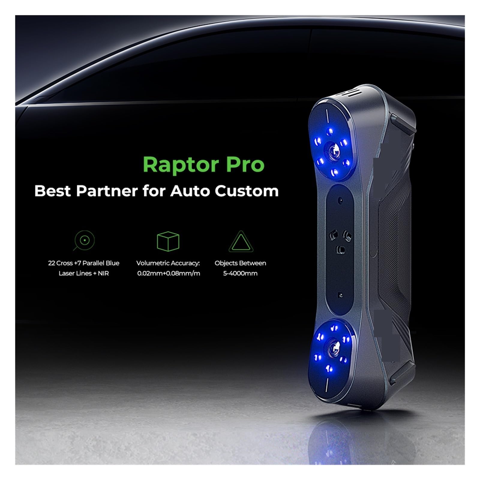 Raptor Pro 3D-Scanner 22+7 Blaulinien-/NIR-Licht 0,02 mm Genauigkeit 60 FPS Bildstabilisierung 24-Bit-Farbscan