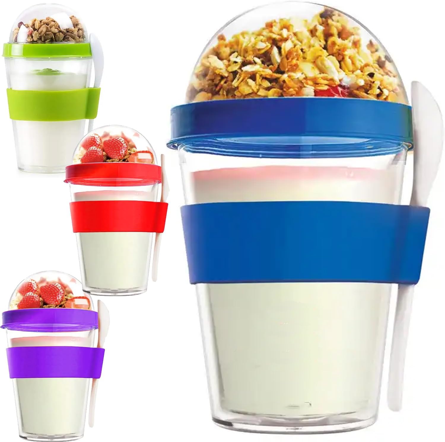 Overnight Oats Jar, 4Pcs Double Wall Parfait Cups with Lids & Spoon, 450ml/15oz Each Cup, /Yogurt/Breakfast On the Go Reusable Plastic Containers, Milk Jar/Oatmeal Breakfast/Smoothie Cups