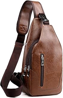 Men Sling Bag Anti Theft Shoulder Bag Small Leather Crossbody Sling Backpack with USB Charge Port Brown