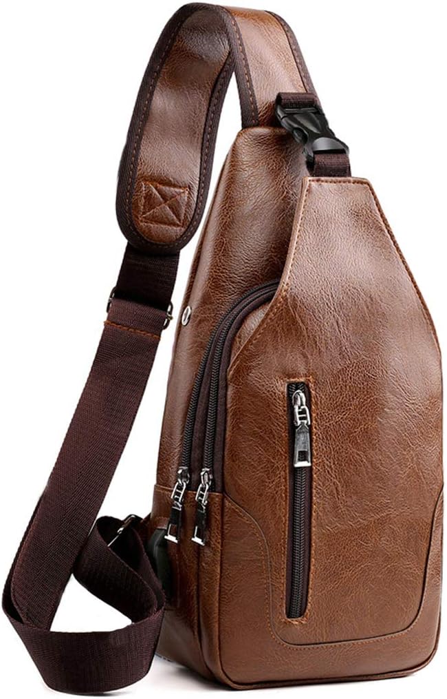 Men Sling Bag Anti Theft Shoulder Bag Small Leather Crossbody Sling Backpack with USB Charge Port Brown