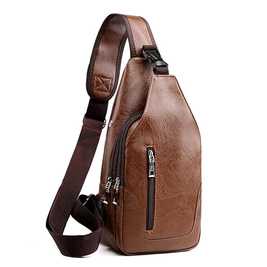 Seoky Rop Men Sling Bag Anti Theft Shoulder Bag Small Leather Crossbody Sling Backpack with USB Charge Port Brown